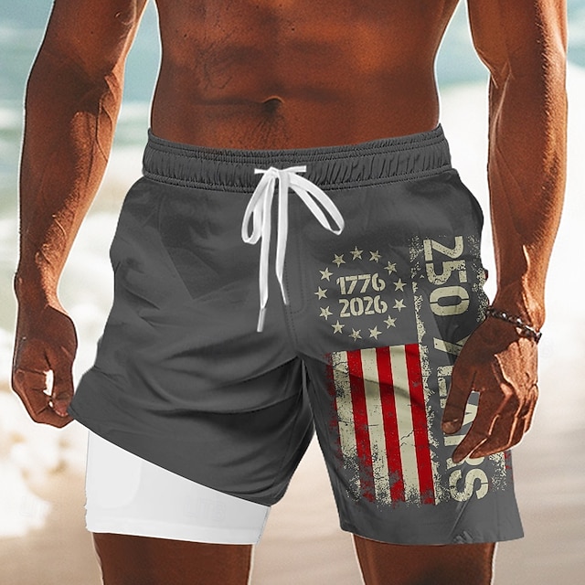 Men's US Flag America's 250th Anniversary Lined Shorts 2 in 1 Board Shorts Swim Shorts Mid Waist Patriotic Holiday Side Pockets With Compression Liner Elastic Drawstring Waist Designer Clothing