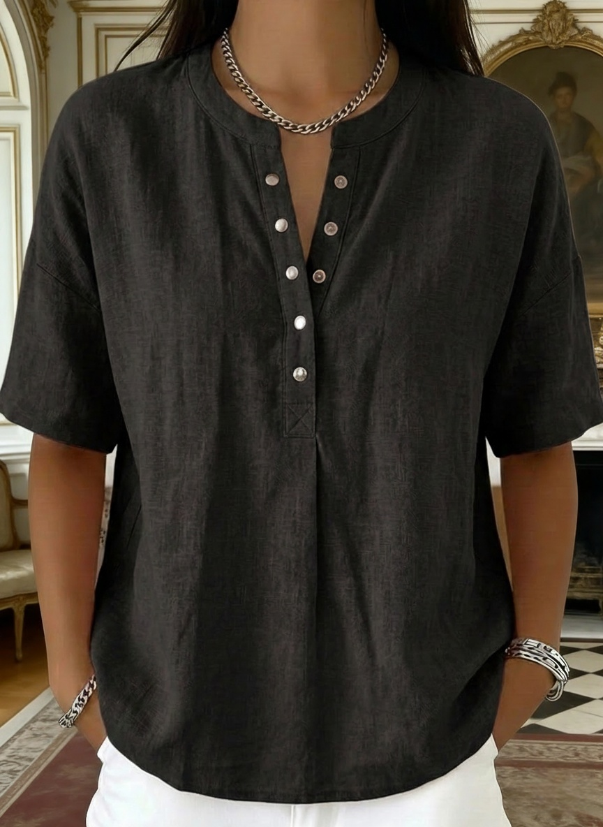 New Arrivals🔥 Women’s Casual Henley Collar Linen And Cotton Short-sleeve Shirt