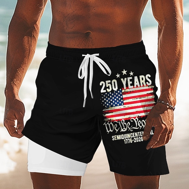 Men's US Flag America's 250th Anniversary Lined Shorts 2 in 1 Board Shorts Swim Shorts Mid Waist Patriotic Holiday Side Pockets With Compression Liner Elastic Drawstring Waist Designer Clothing