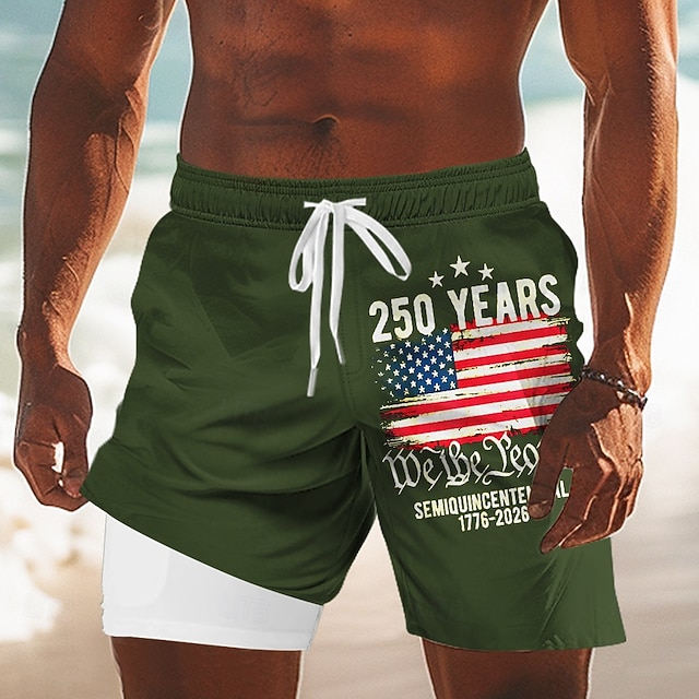 Men's US Flag America's 250th Anniversary Lined Shorts 2 in 1 Board Shorts Swim Shorts Mid Waist Patriotic Holiday Side Pockets With Compression Liner Elastic Drawstring Waist Designer Clothing