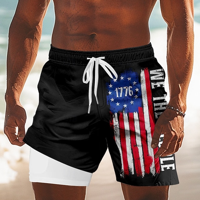 Men's US Flag America's 250th Anniversary Lined Shorts 2 in 1 Board Shorts Swim Shorts Mid Waist Patriotic Holiday Side Pockets With Compression Liner Elastic Drawstring Waist Designer Clothing