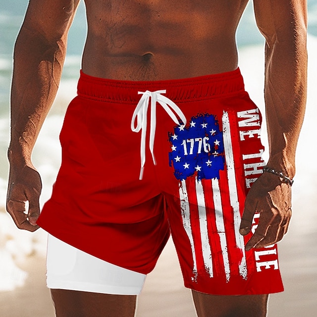 Men's US Flag America's 250th Anniversary Lined Shorts 2 in 1 Board Shorts Swim Shorts Mid Waist Patriotic Holiday Side Pockets With Compression Liner Elastic Drawstring Waist Designer Clothing