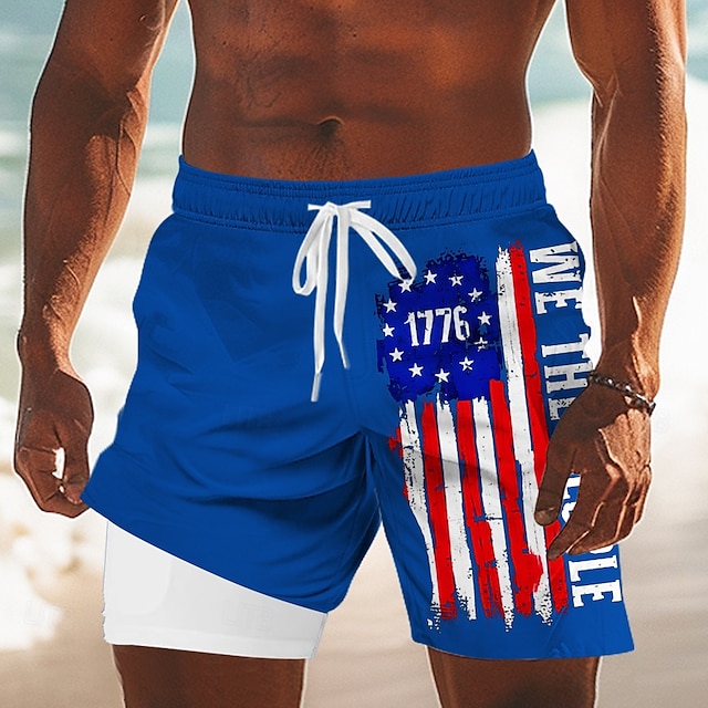 Men's US Flag America's 250th Anniversary Lined Shorts 2 in 1 Board Shorts Swim Shorts Mid Waist Patriotic Holiday Side Pockets With Compression Liner Elastic Drawstring Waist Designer Clothing