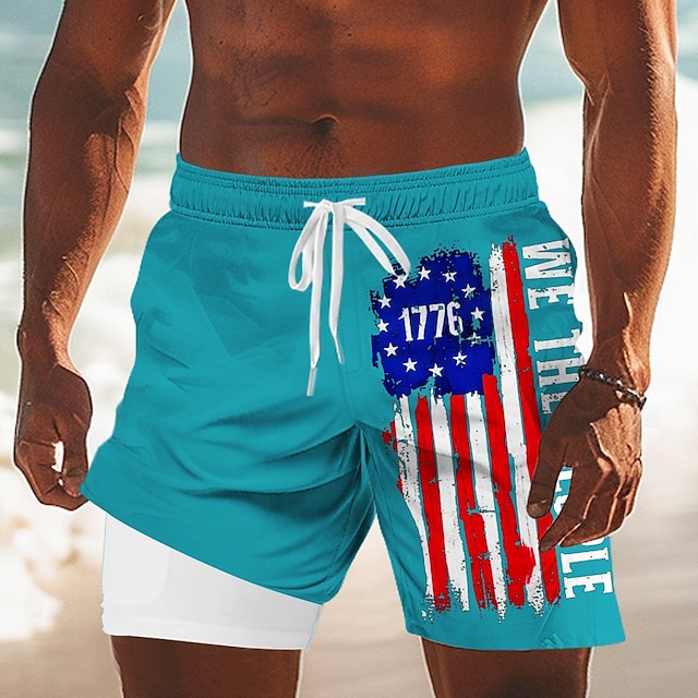 Men's US Flag America's 250th Anniversary Lined Shorts 2 in 1 Board Shorts Swim Shorts Mid Waist Patriotic Holiday Side Pockets With Compression Liner Elastic Drawstring Waist Designer Clothing