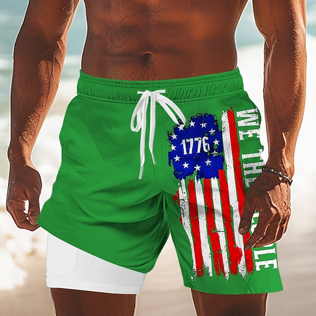 Men's US Flag America's 250th Anniversary Lined Shorts 2 in 1 Board Shorts Swim Shorts Mid Waist Patriotic Holiday Side Pockets With Compression Liner Elastic Drawstring Waist Designer Clothing