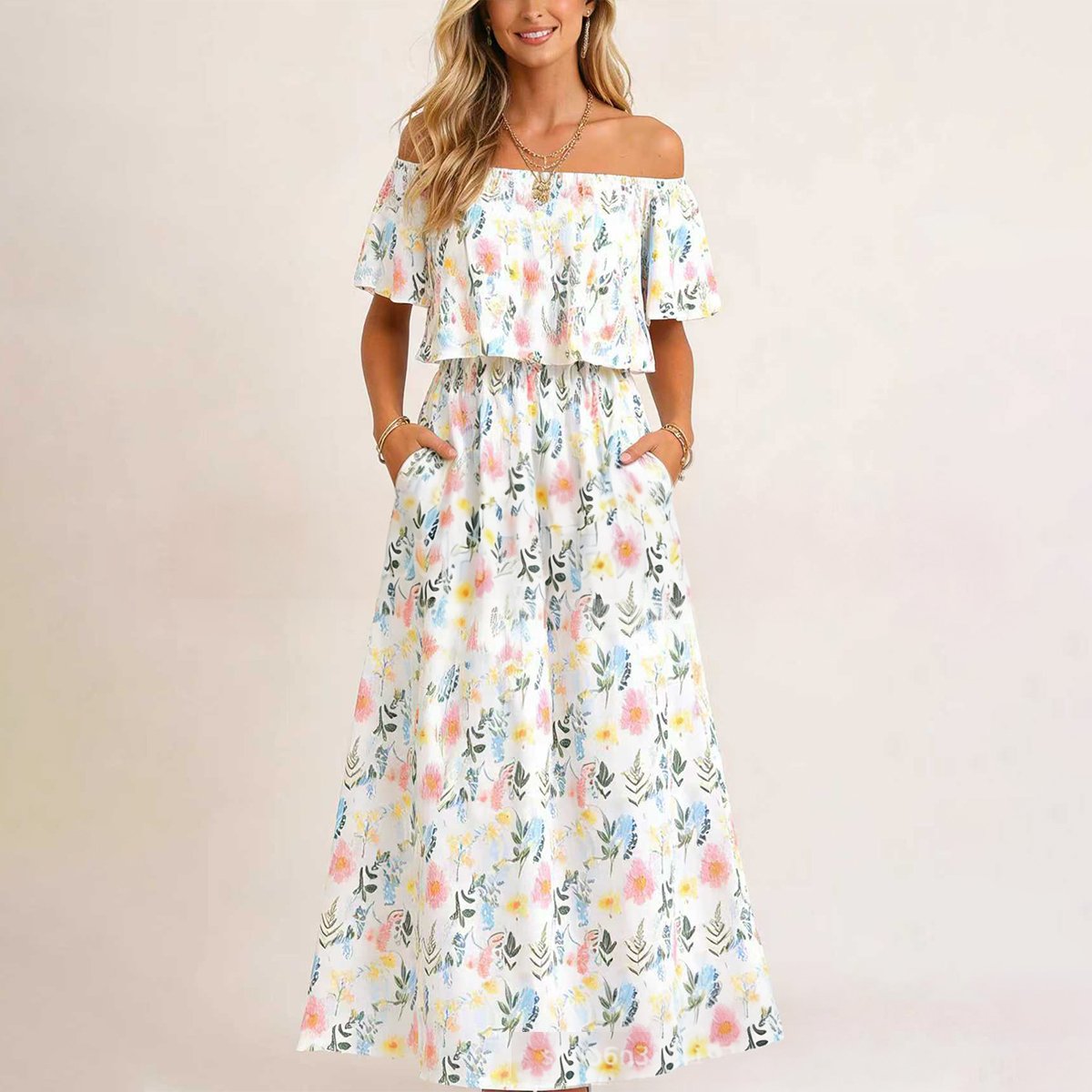 🔥LAST day 49% OFF🔥Women's Off The Shoulder Dress Wedding Guest Dress Summer Casual Long Ruffle Party Side Split Beach Maxi Dresses