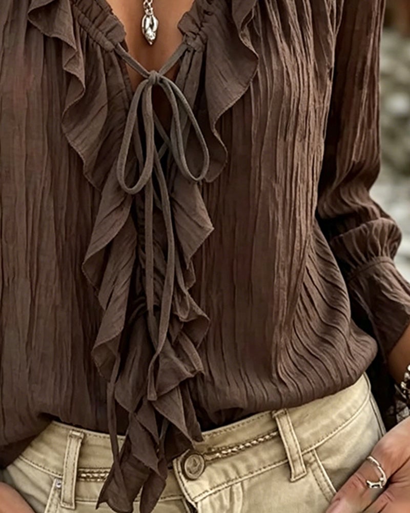 Ruffle Trim Lace-Up Long Sleeve Blouse