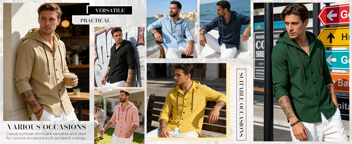 Men styling the hooded button-down in several colors and casual settings