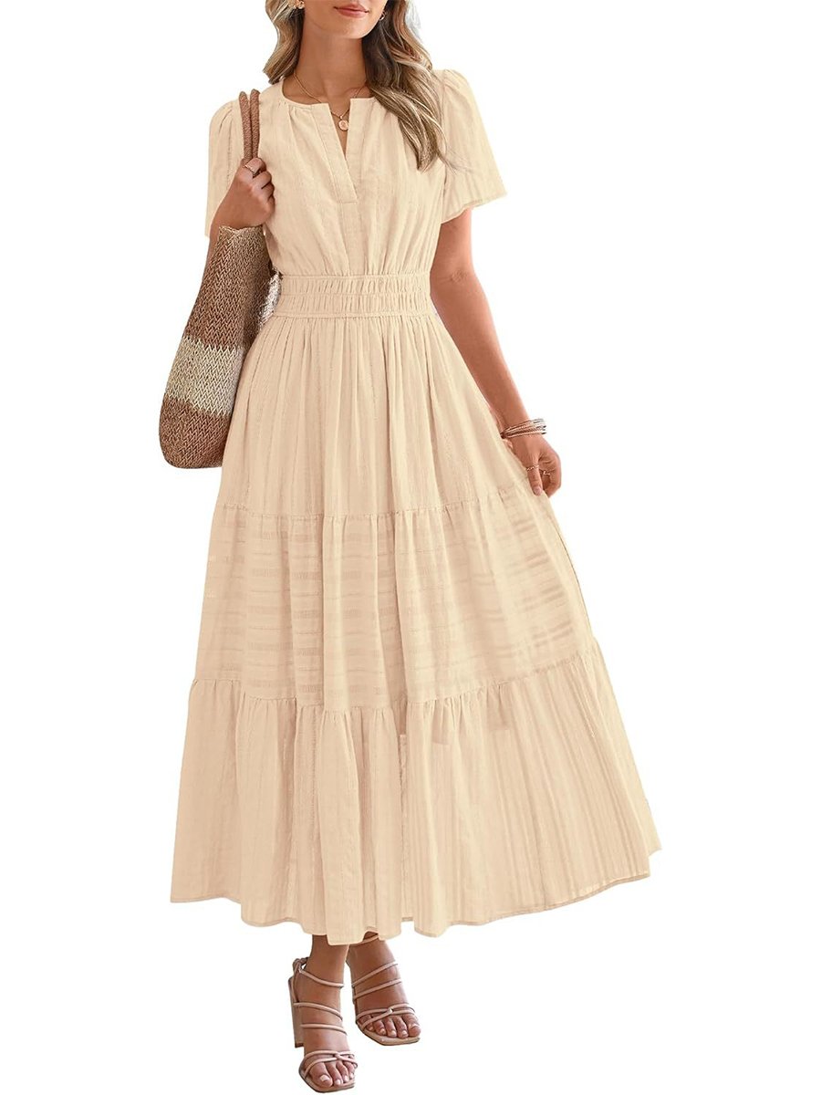 Womens Summer 2026 Casual Midi Maxi Dresses Lightweight Short Sleeve V Neck Elastic Waist Boho Beach Dress Pockets