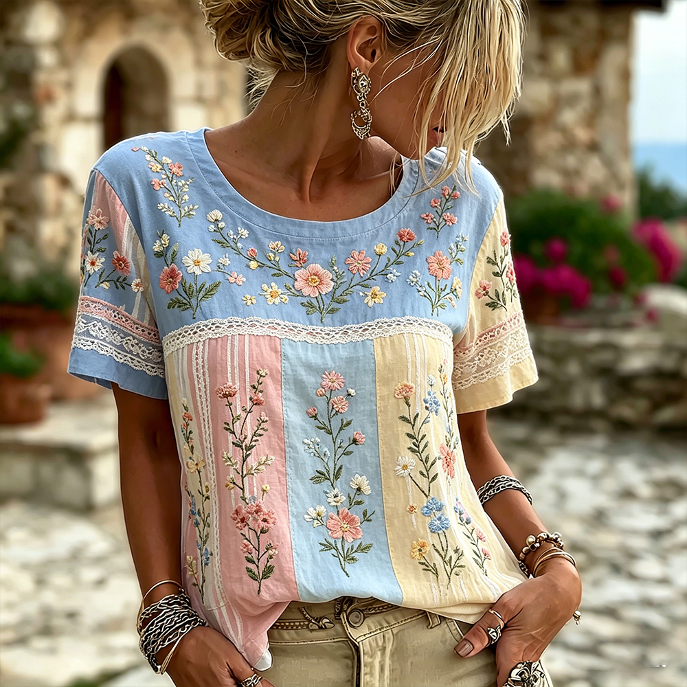 Vintage Floral Vine 3d Art Embroidery Patchwork Cotton Linen Distressed Crew Neck Short Sleeve Top