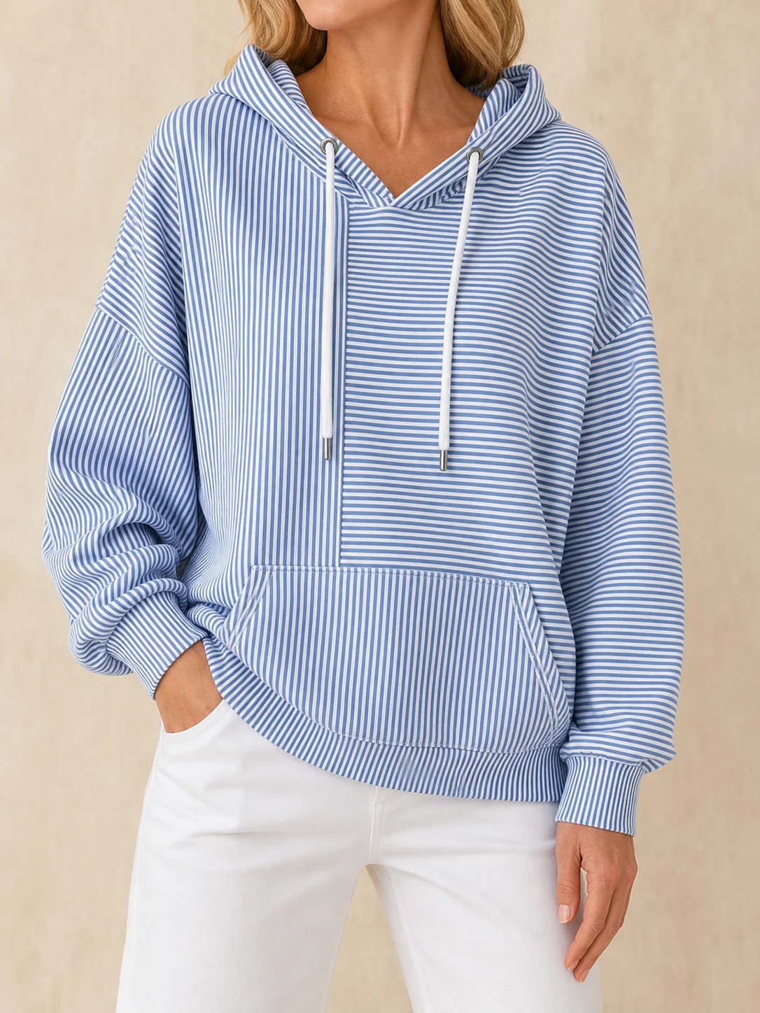 Blue and white striped relaxed women hoodie, premium studio view