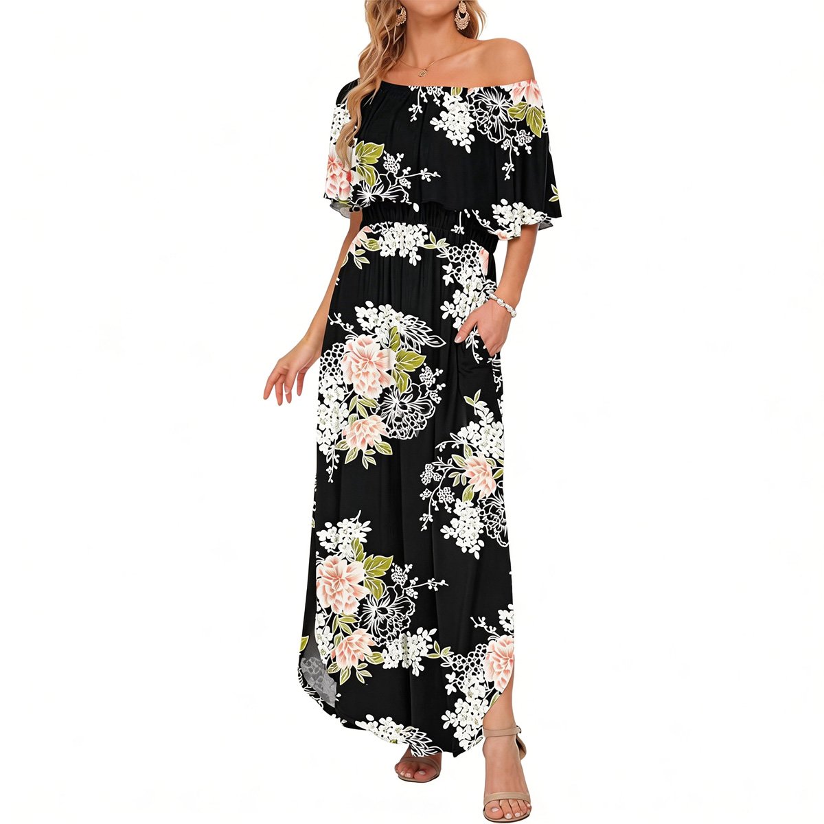 🔥LAST day 49% OFF🔥Women's Off The Shoulder Dress Wedding Guest Dress Summer Casual Long Ruffle Party Side Split Beach Maxi Dresses