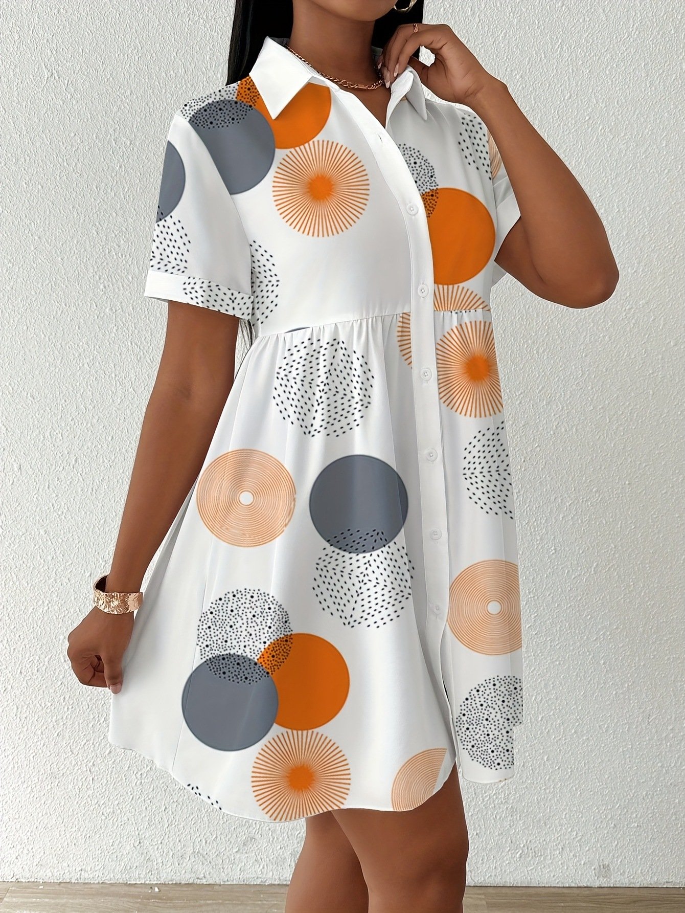 All Over Print Shirt Dress, Casual Short Sleeve Collared Dress for Summer