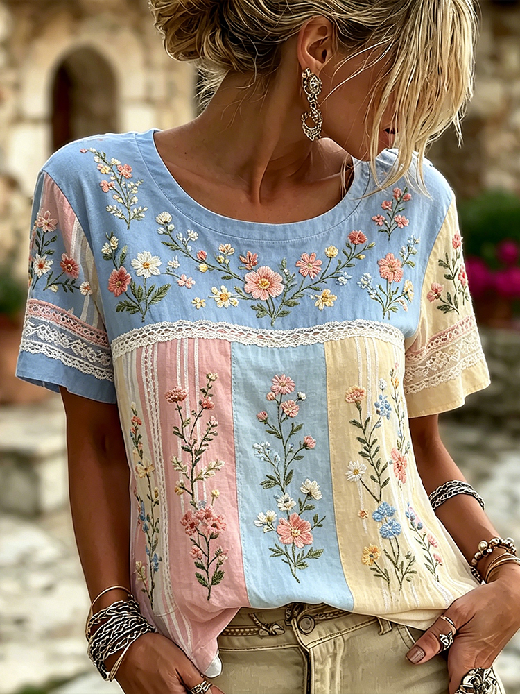 Vintage Floral Vine 3d Art Embroidery Patchwork Cotton Linen Distressed Crew Neck Short Sleeve Top