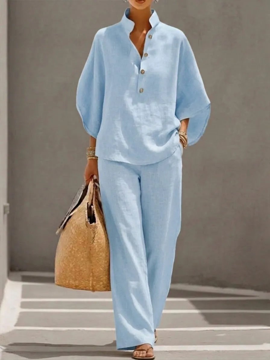 🔥 49% OFF🔥Women's Batwing Sleeve Linen Cotton Two-Piece Set – Casual Shirt & Wide Leg Pants Outfit