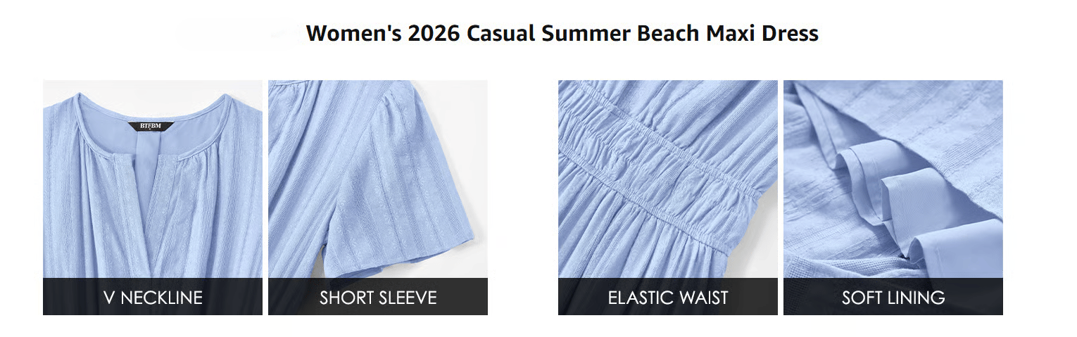 Womens Summer 2026 Casual Midi Maxi Dresses Lightweight Short Sleeve V Neck Elastic Waist Boho Beach Dress Pockets