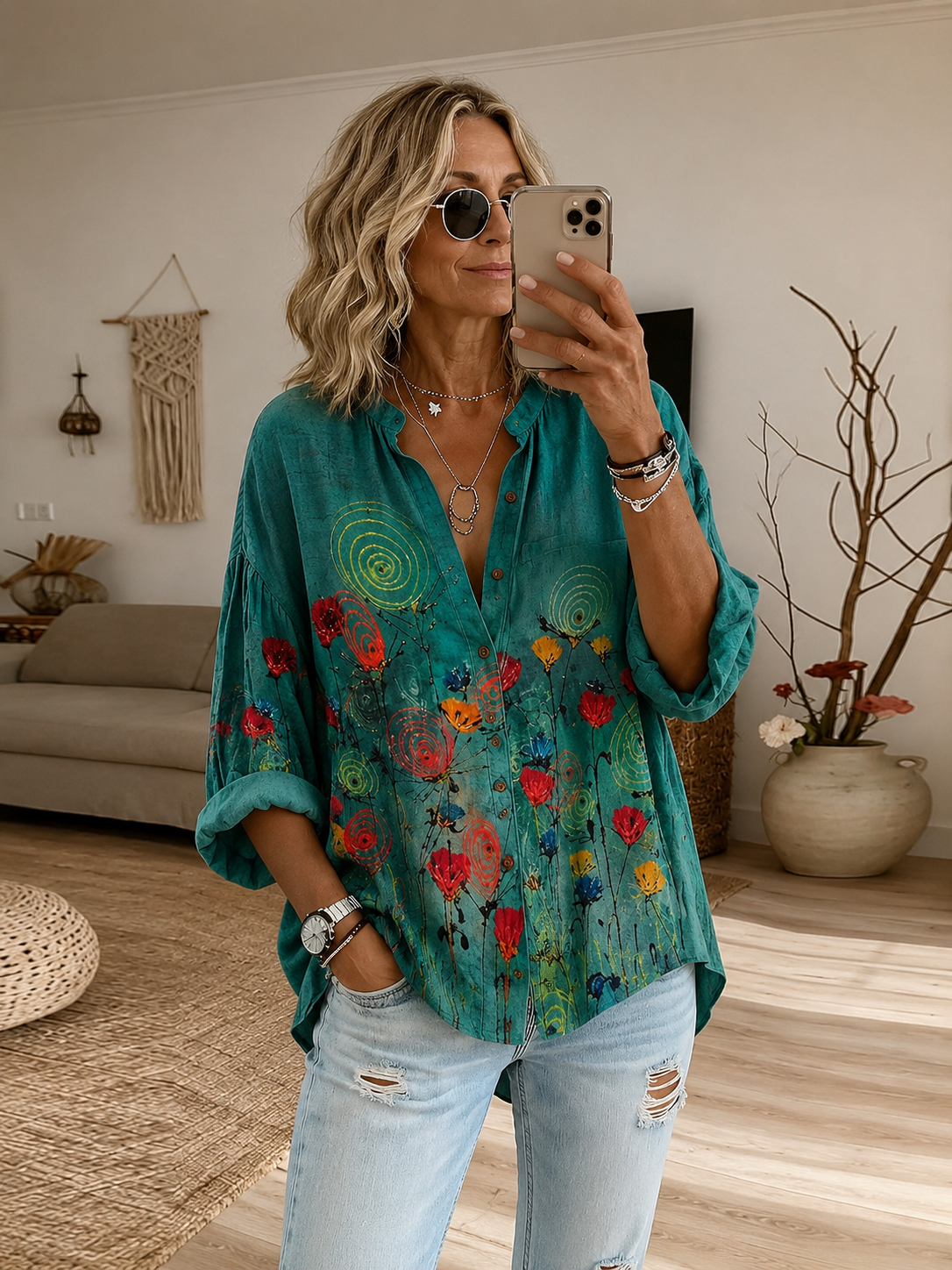 Women's Vintage Floral Pattern Art Print Flowy Linen Blend Shirts