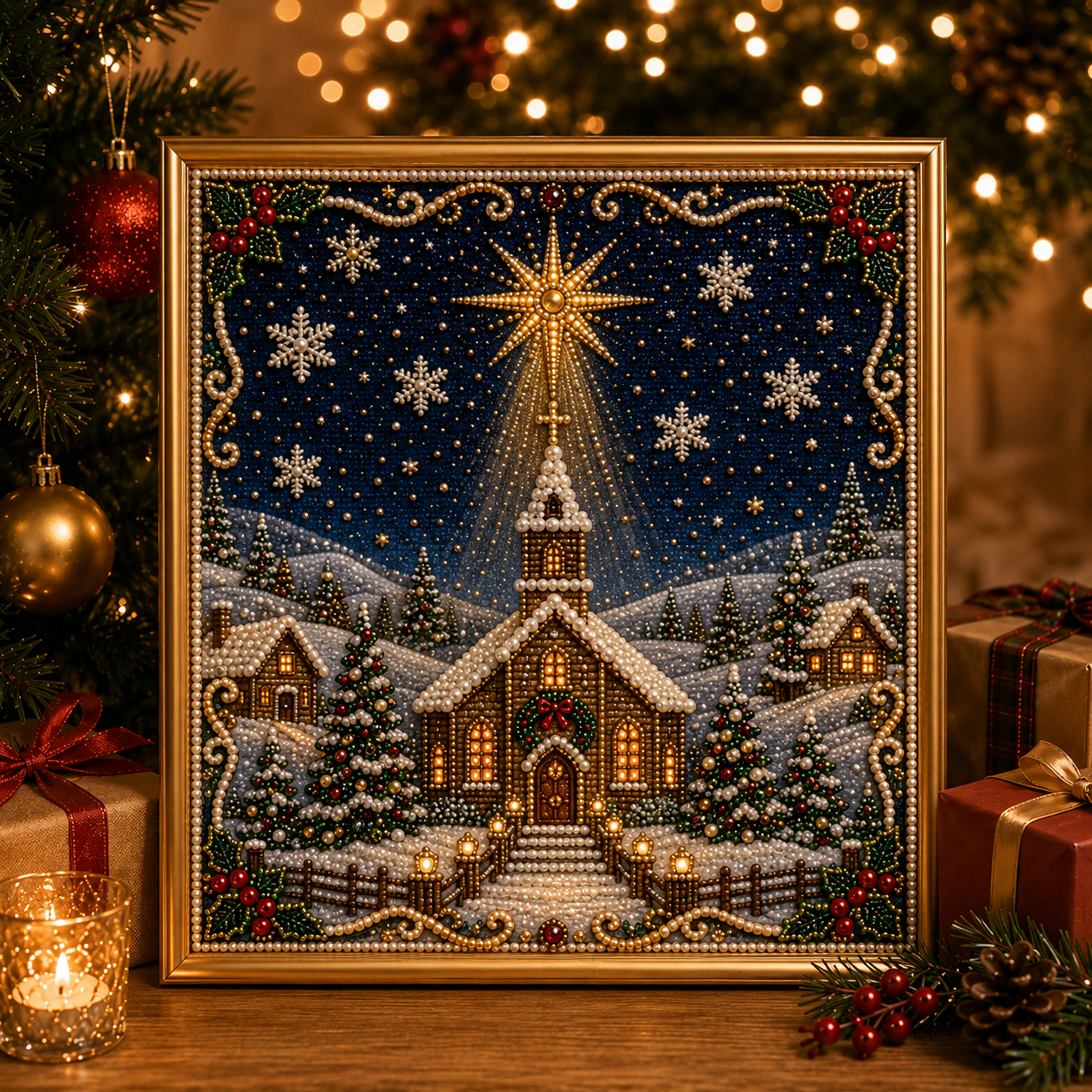 LSAT DAY 75% OFF 🎄🎅 Premium 3D Pearl Christmas Wall Art Kit | Luxury Flocked Canvas with Scratch-Resistant Non-Fading Pearl Beads DIY Holiday Decor ⛄️❄️