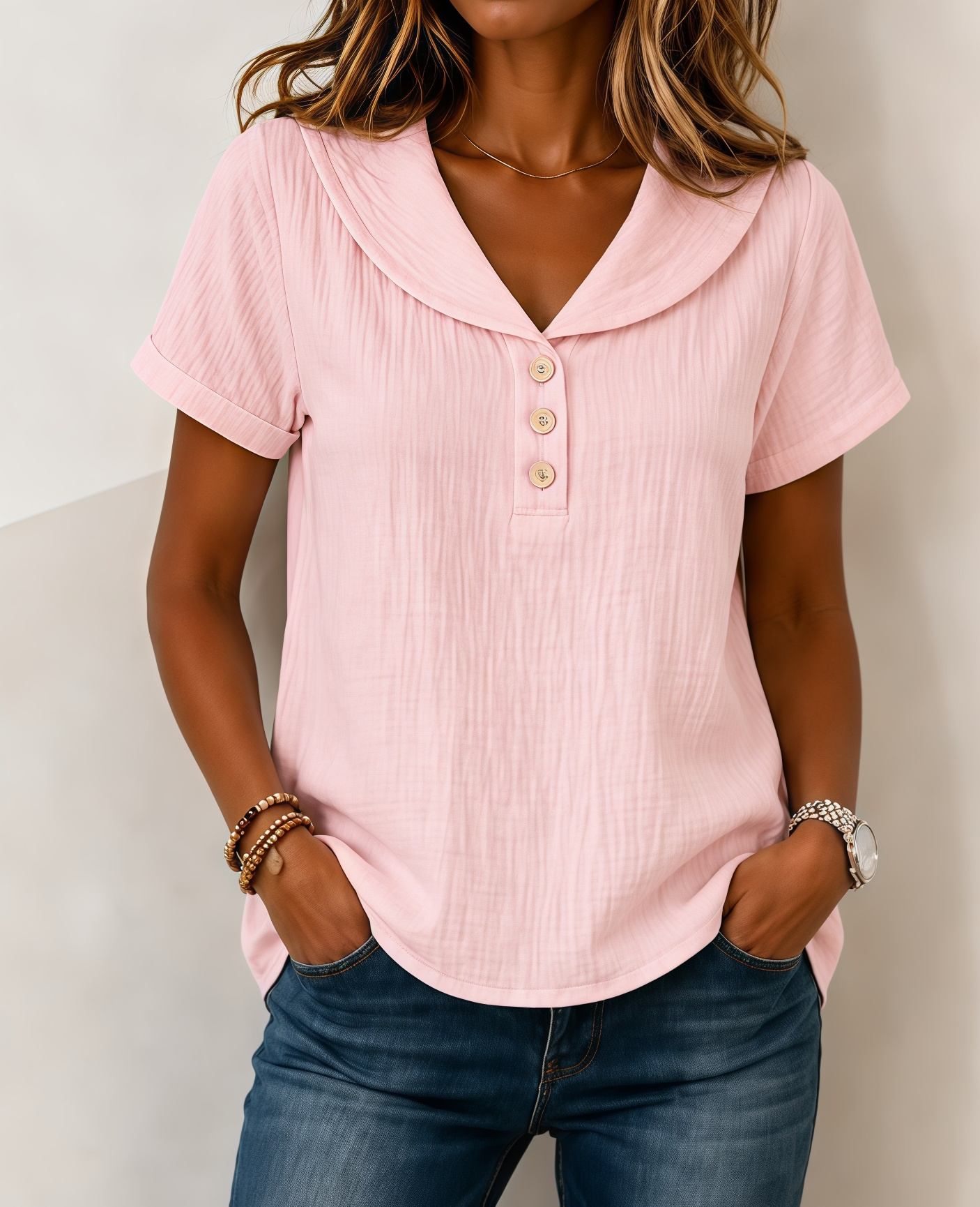 New Arrivals🔥Women's  V Neck Peter Pan Collar Button Short Sleeve T-shirt