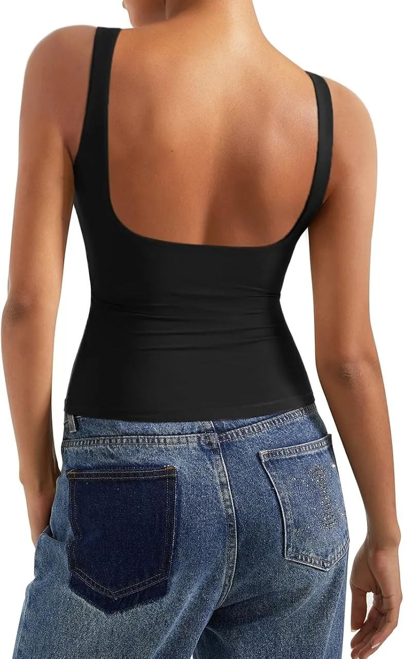  Women Padded Open Back Boat Neck Tank Tops Double Lined Basic Shirts