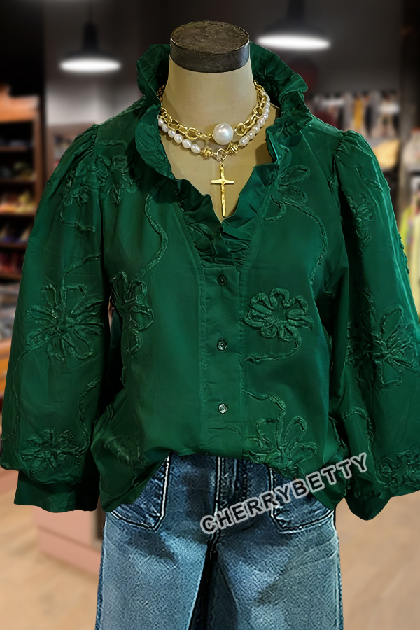 Embroidered Flower Ruffle Neck Puff Sleeve Top