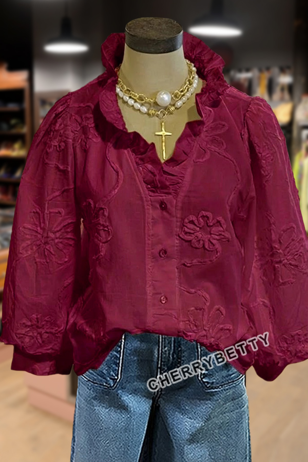 Embroidered Flower Ruffle Neck Puff Sleeve Top