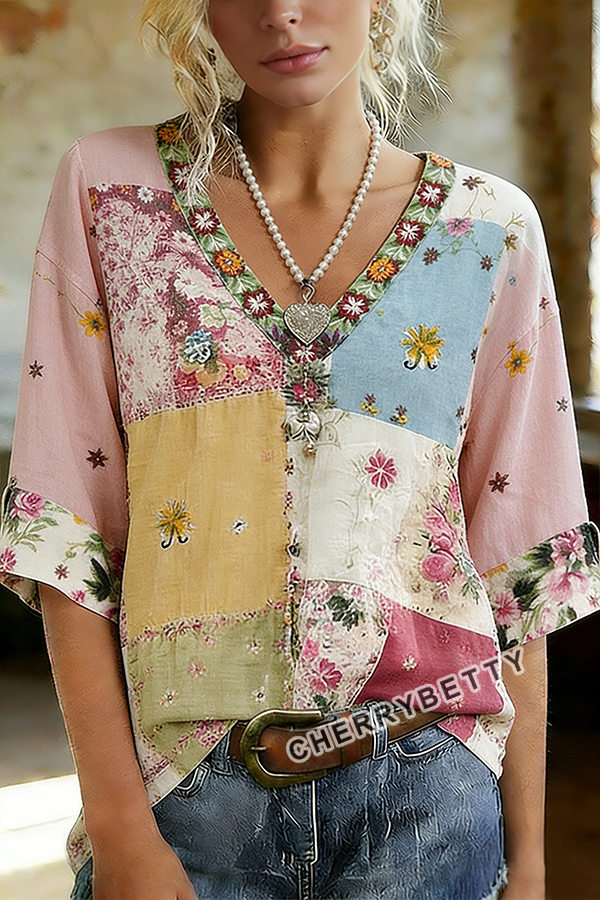Retro Floral Embroidered V-Neck Short Sleeve Cotton Top