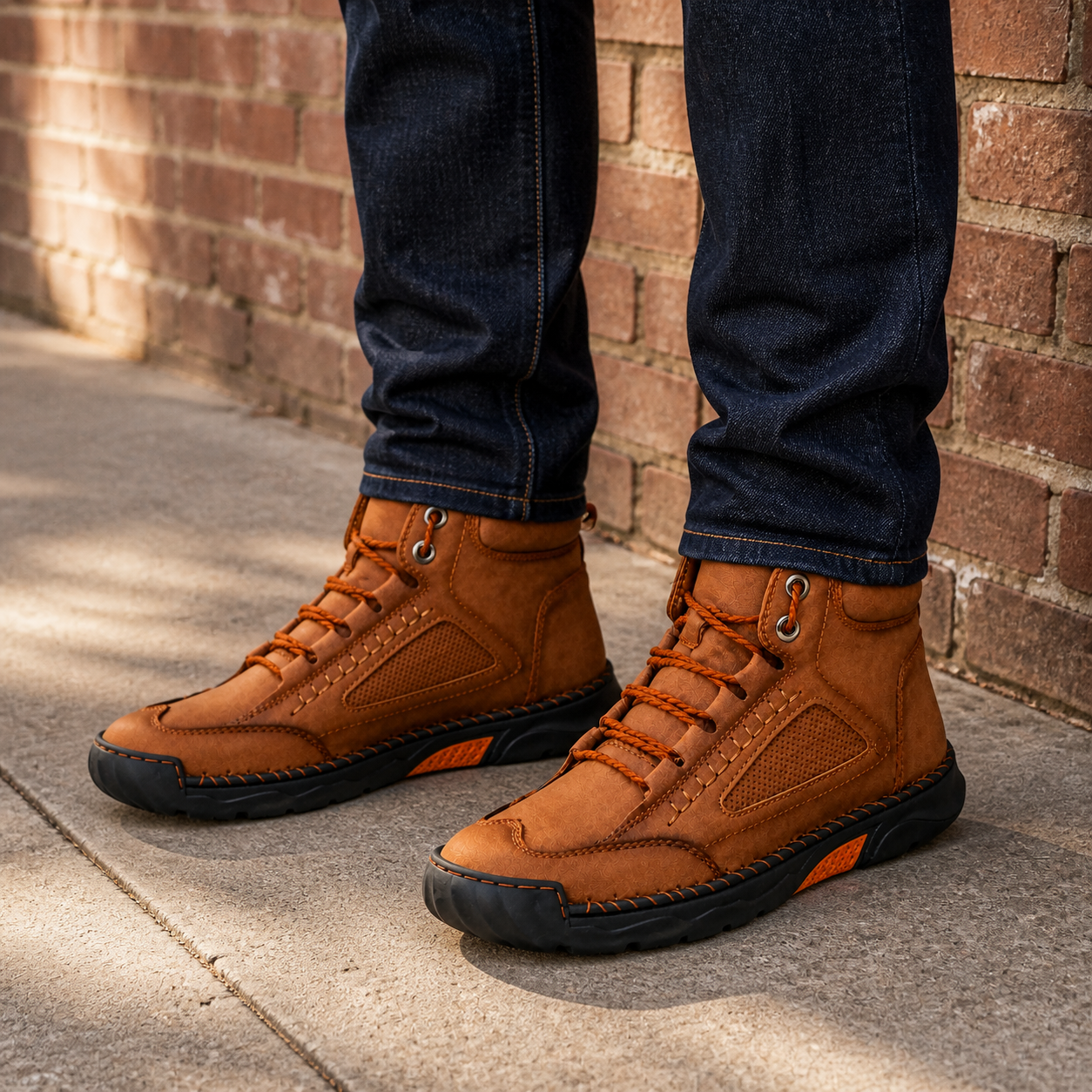 Comfort leather boots styled with denim outdoors