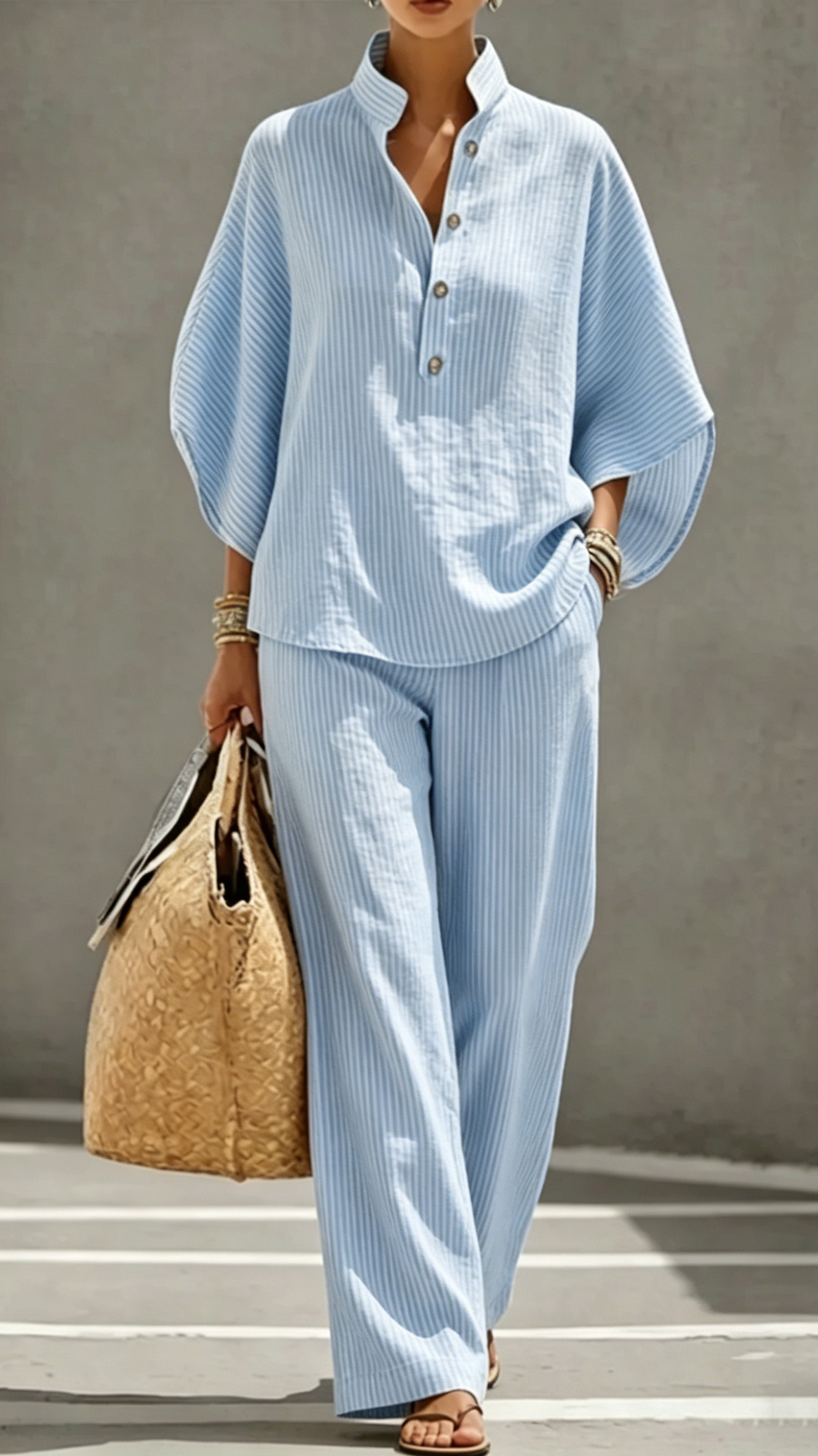 Women's Striped Linen-Cotton Batwing Sleeve Two-Piece Set