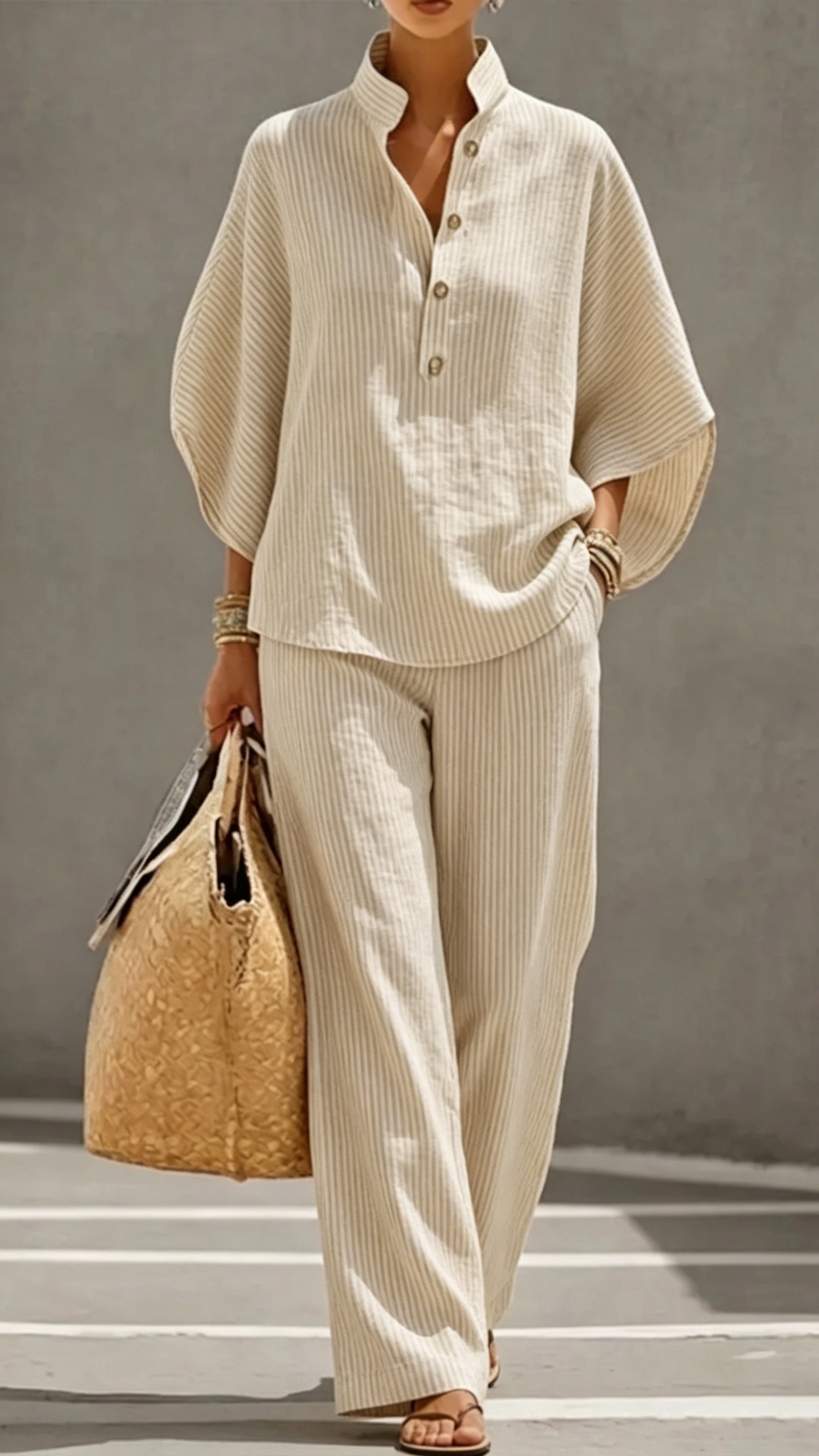 Women's Striped Linen-Cotton Batwing Sleeve Two-Piece Set