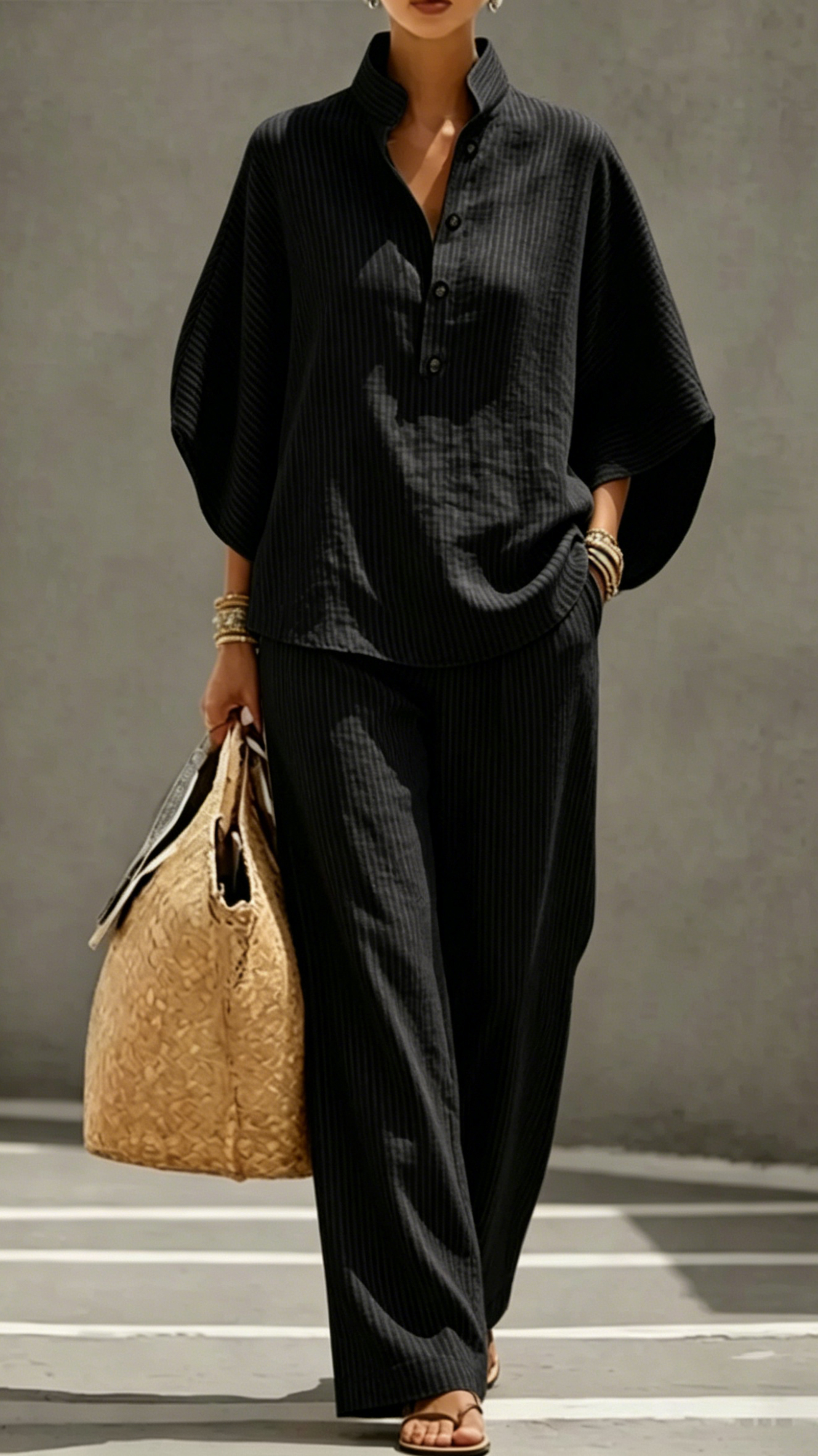 Women's Striped Linen-Cotton Batwing Sleeve Two-Piece Set