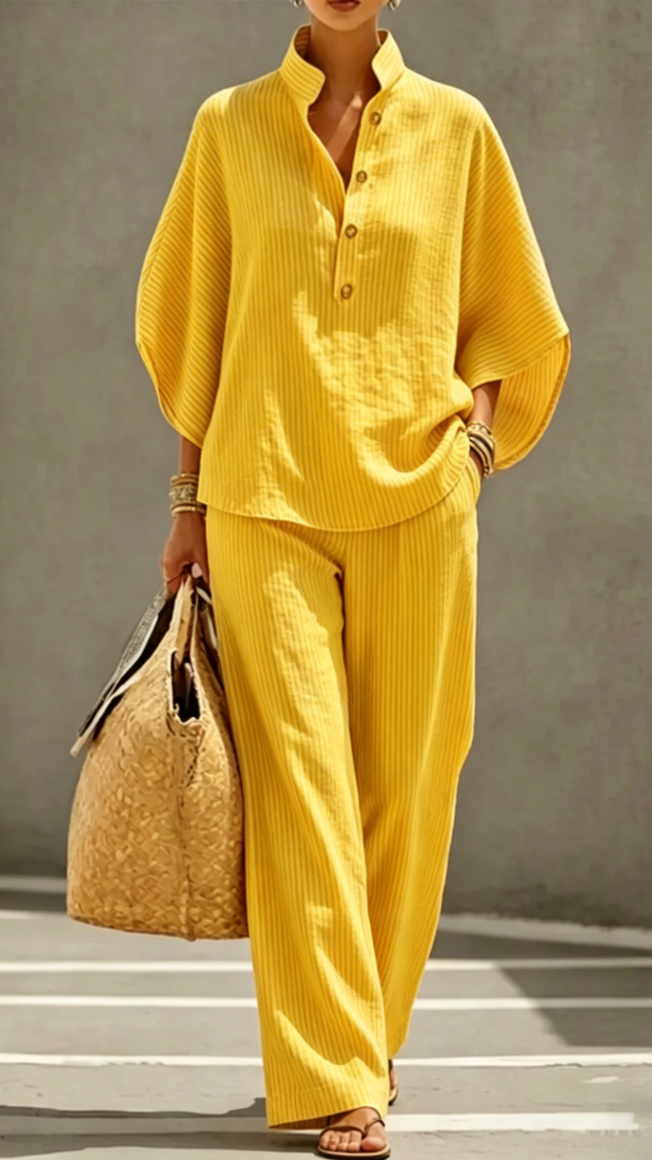 Women's Striped Linen-Cotton Batwing Sleeve Two-Piece Set