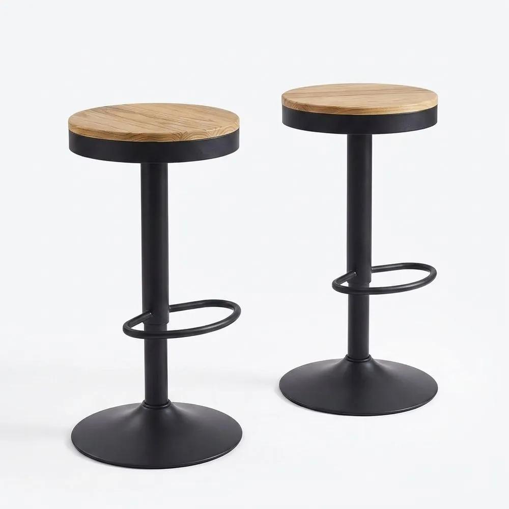 Juego de 2 taburetes de bar de madera con estructura metálica giratoria 360° y reposapiés industrial negro
