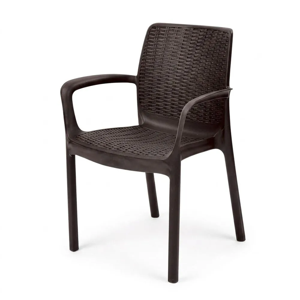 Pack de 4 sillas de jardín con reposabrazos para interior y exterior, apilables, resina efecto ratán marrón