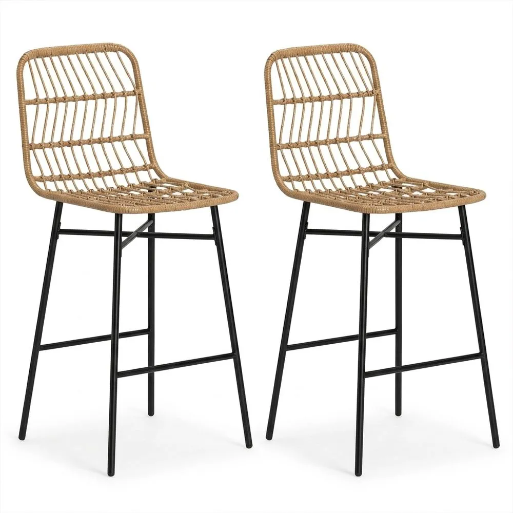 Set de 2 taburetes altos de cocina con respaldo y asiento de ratán, sillas modernas para barra, comedor, carga 120 kg, marrón