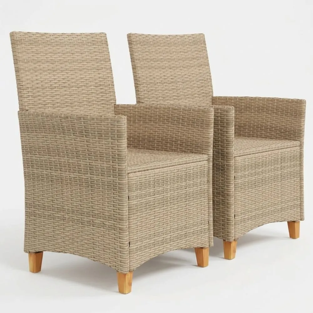 Sillas de Jardín con Cojín, Asientos con Respaldo y Reposabrazos, Muebles de Exterior de Ratán Beige y Madera de Acacia