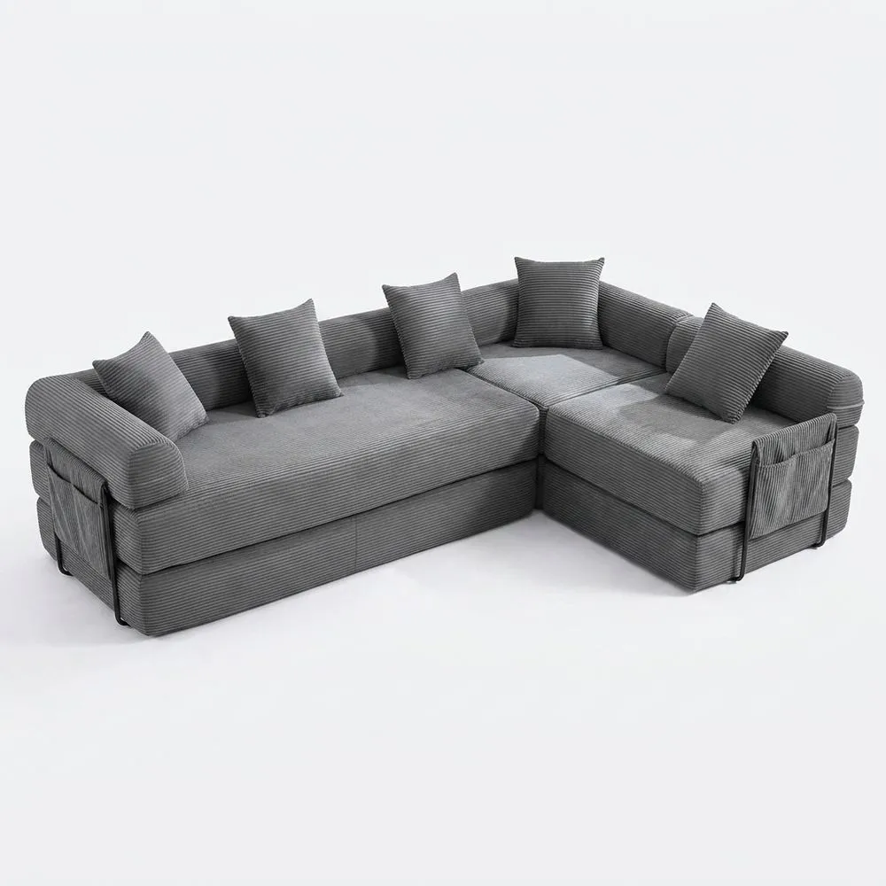 Sofá Seccional Reclinable para 4 Personas con Marco Metálico y Bolsillos Laterales, 5 Cojines, Tela de Pana, Color Gris Oscuro