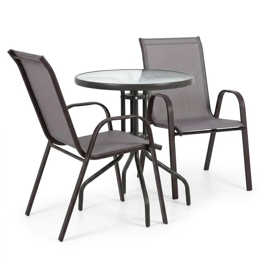 Juego de Exterior: Mesa de Acero y Vidrio Templado + 2 Sillas Textilene