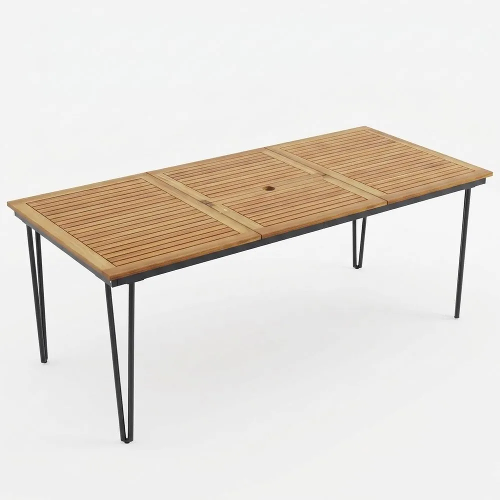 Mesa de Jardín Exterior para 8 Personas, Madera de Acacia, Agujero para Sombrilla, Estructura Metálica, Patas Ajustables, 200 x 90 x 75 cm