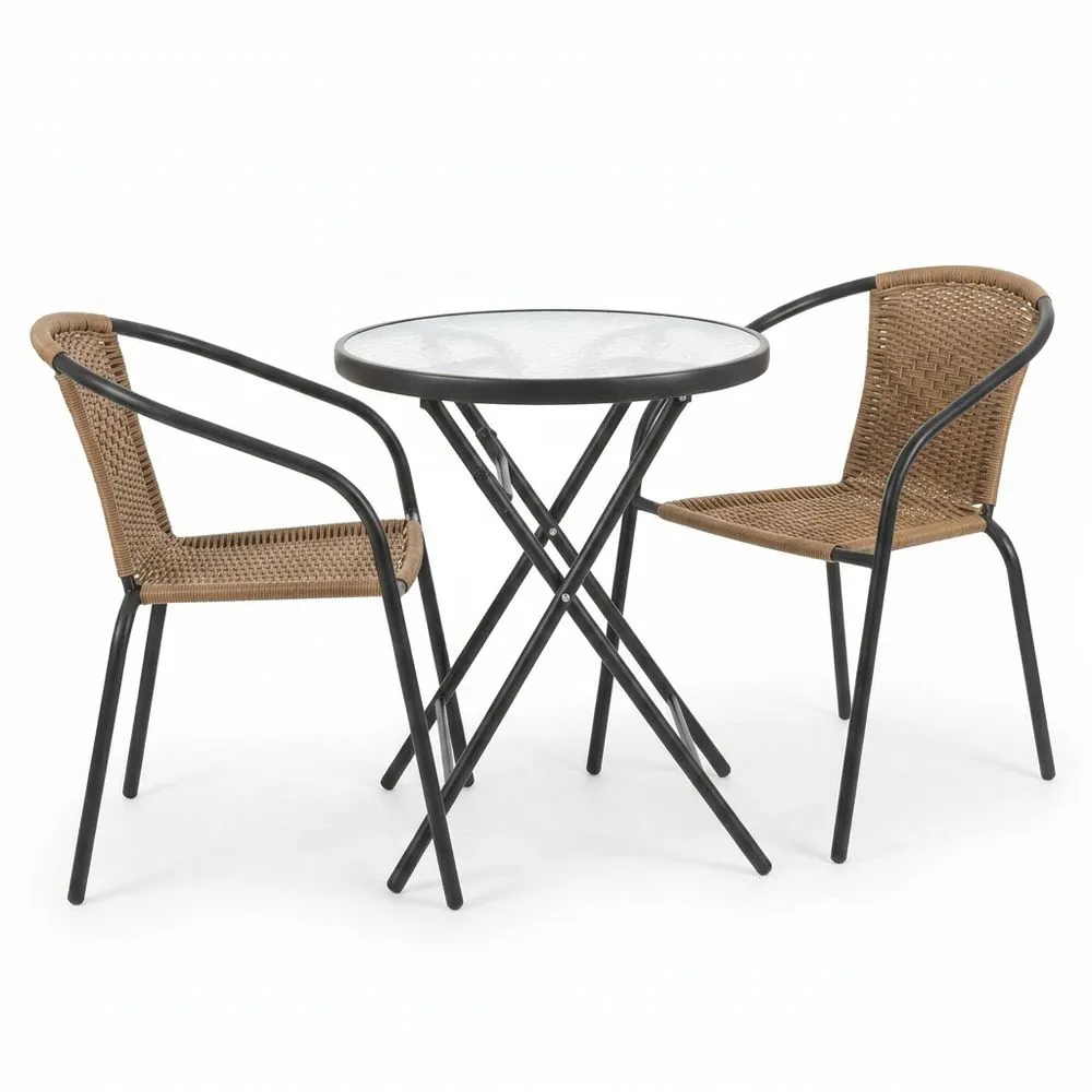 Juego de Jardín Exterior Mesa y 2 Sillas | Mesa de Vidrio Templado de 60cm | 2 Sillas de Ratán Natural Apilables | Pintura Epoxi Anticorrosiva, Resistente y Duradera | Balcón, Terraza