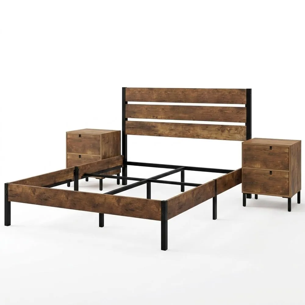 Cama de Plataforma de Metal con Cabecero de Madera y Almacenamiento