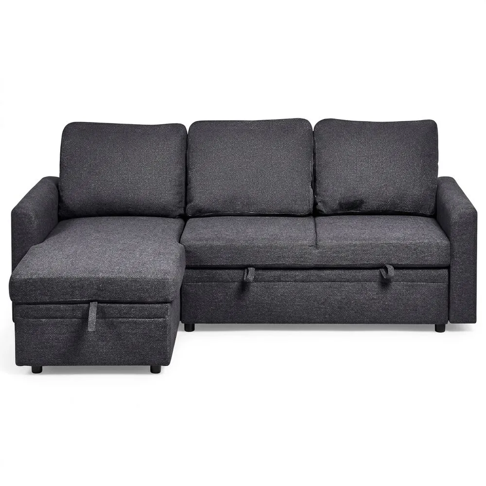 Sofá cama esquinero moderno derecho con almacenamiento y cojines adicionales negro