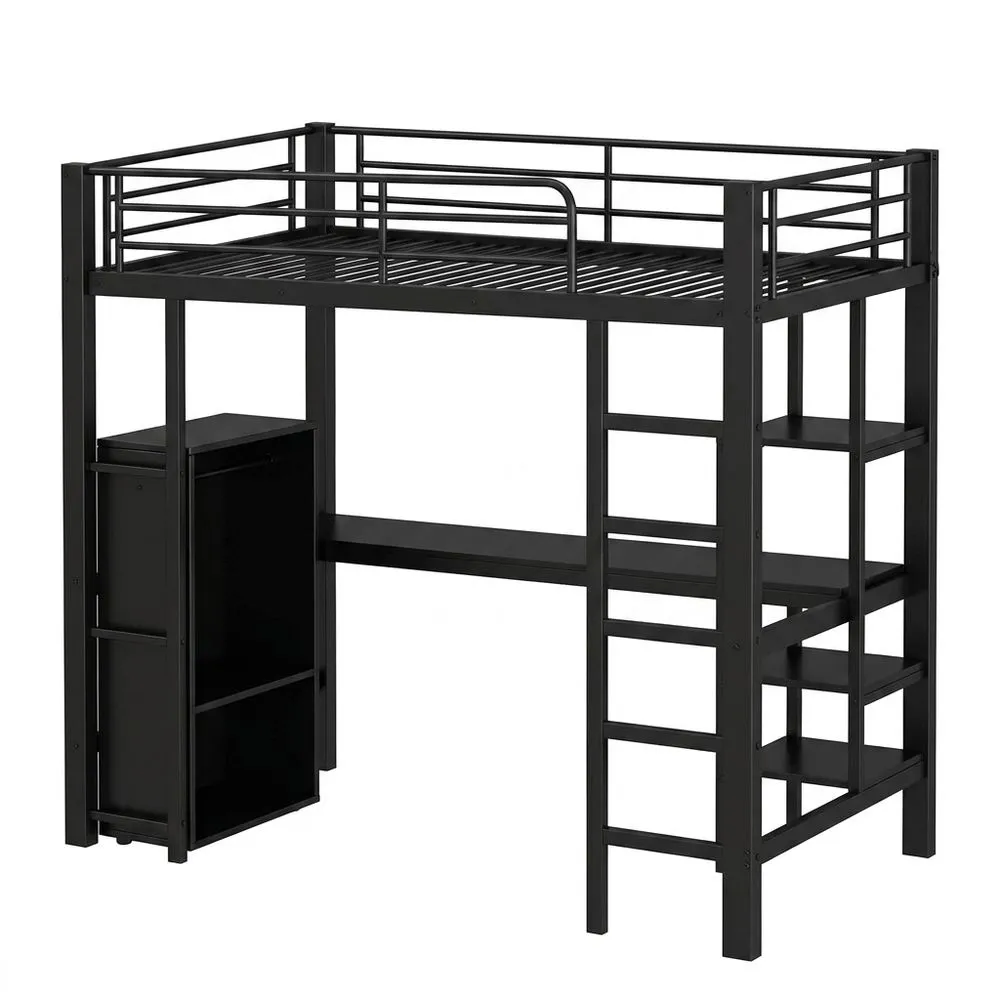 Cama alta de metal 90 x 200 cm con escritorio, armario y escalera