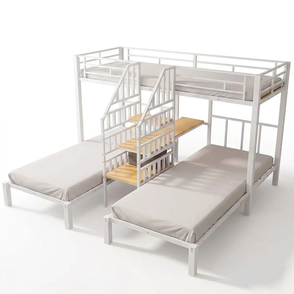 Litera triple con luz LED, escalera integrada con espacio de almacenamiento, 2 puertos USB + 1 enchufe, con escritorio y estantería, sin colchón (90x200cm, blanco)