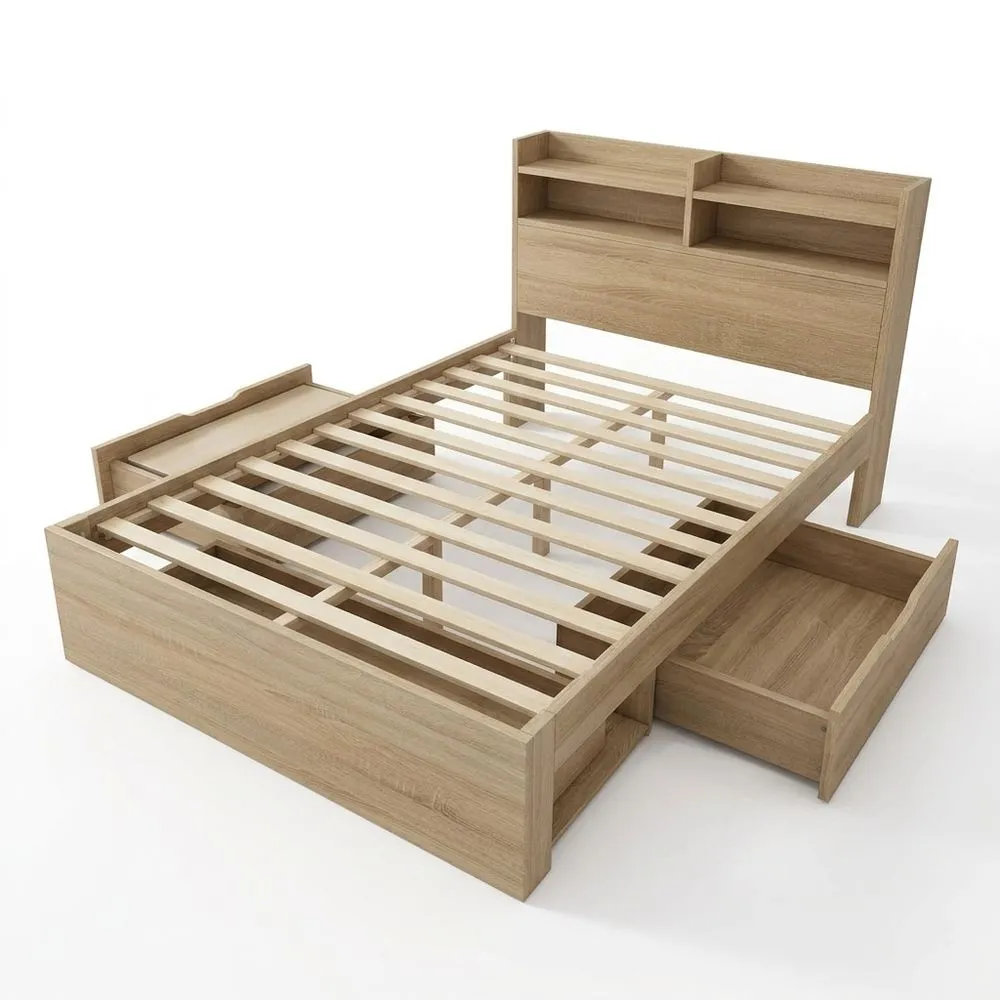 Cama de madera individual con estante y cajones para espacios reducidos