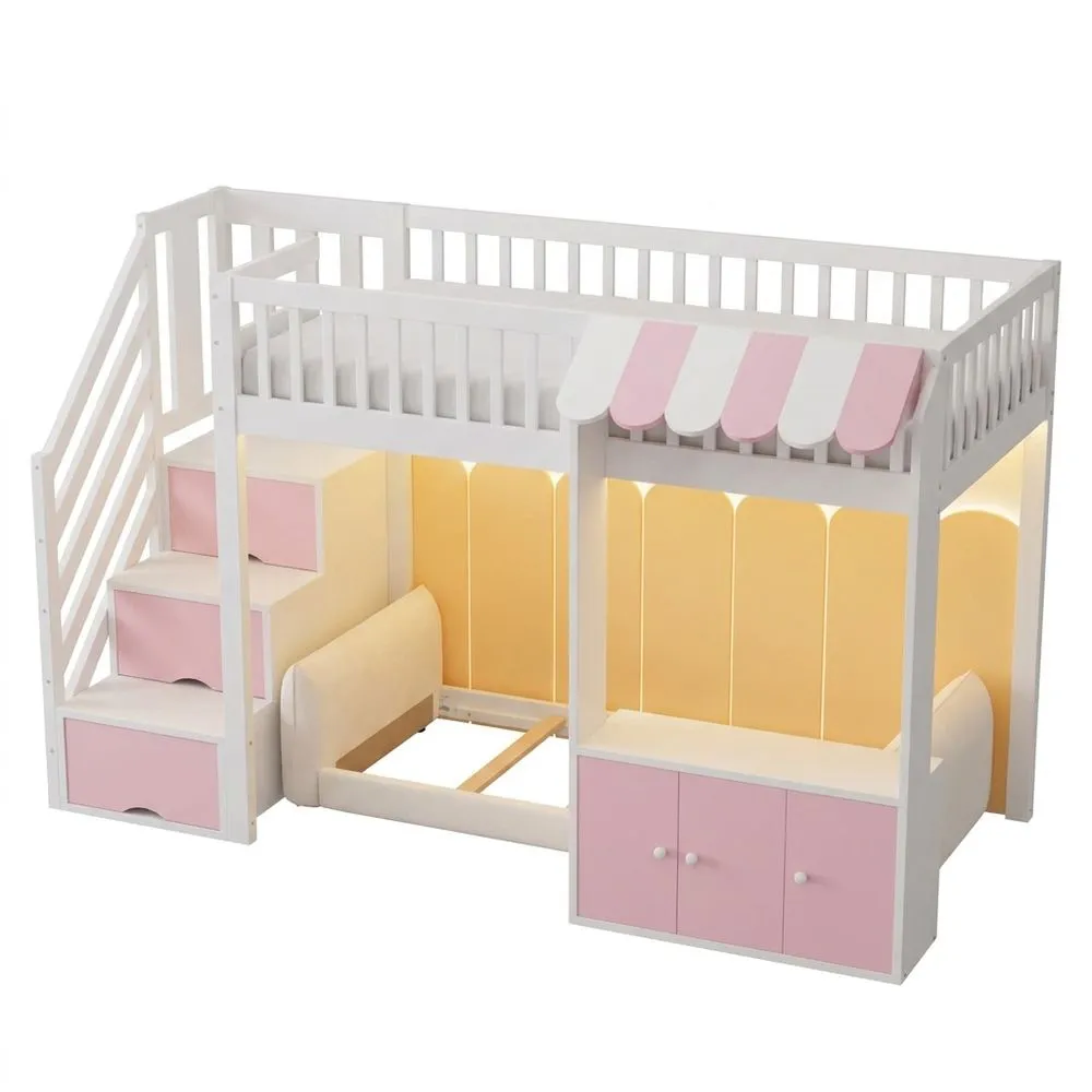 Cama Alta de Madera con Armario y Escalera de Almacenamiento, 90 x 200 cm, Diseño de Aleros, Estructura de Muelles, Sin Colchón (Rosa)