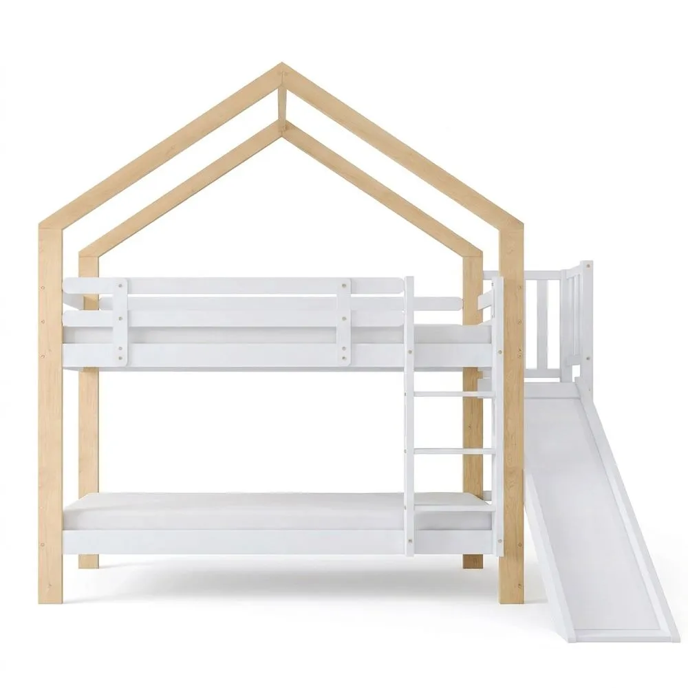 Litera Infantil con Tobogán y Escalera de Tres Niveles Blancos Natural de Madera Maciza 90 x 200 cm