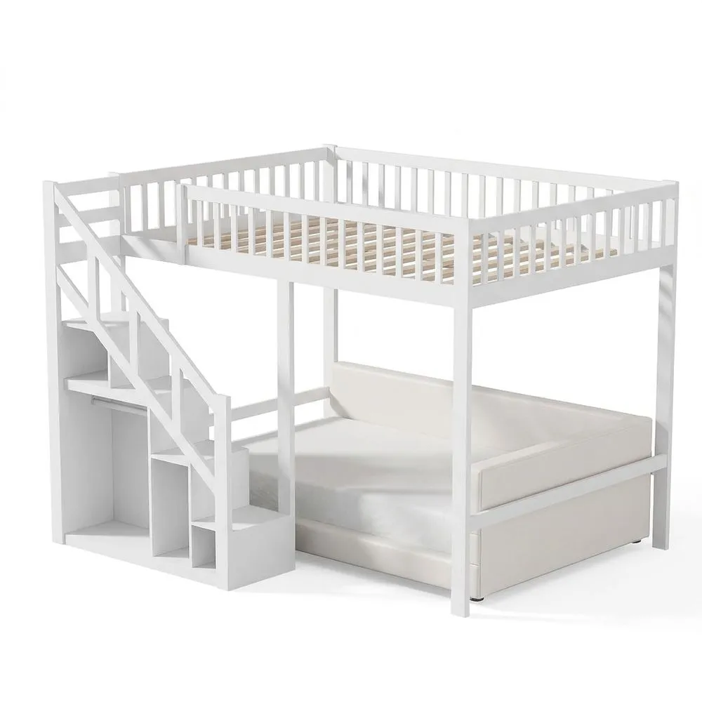 Cama Alta Infantil con Escalera de Almacenamiento y Barandilla Protectora, Madera de Pino, Blanca