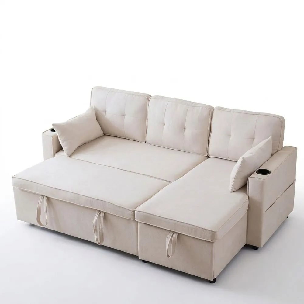 Sofá cama en forma de L con función de almacenamiento y portavasos