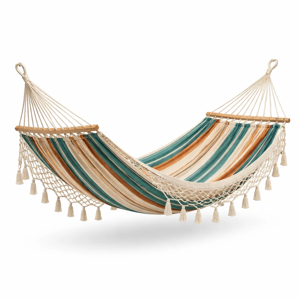 Hamaca de algodón rayada verde y naranja con barras de madera-roomzano